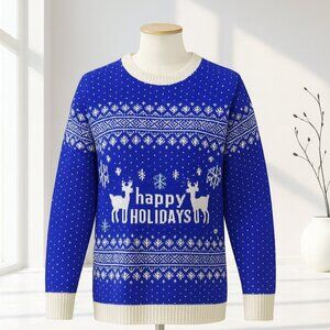 Holiday Christmas Sweater Unisex L Blue Reindeer Snowflake Festive Knit